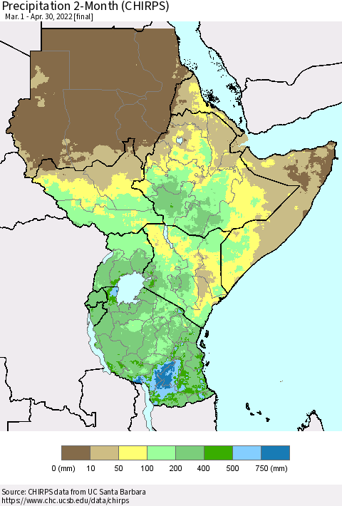 Eastern Africa Precipitation 2-Month (CHIRPS) Thematic Map For 3/1/2022 - 4/30/2022