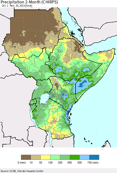 Eastern Africa Precipitation 2-Month (CHIRPS) Thematic Map For 10/1/2023 - 11/30/2023