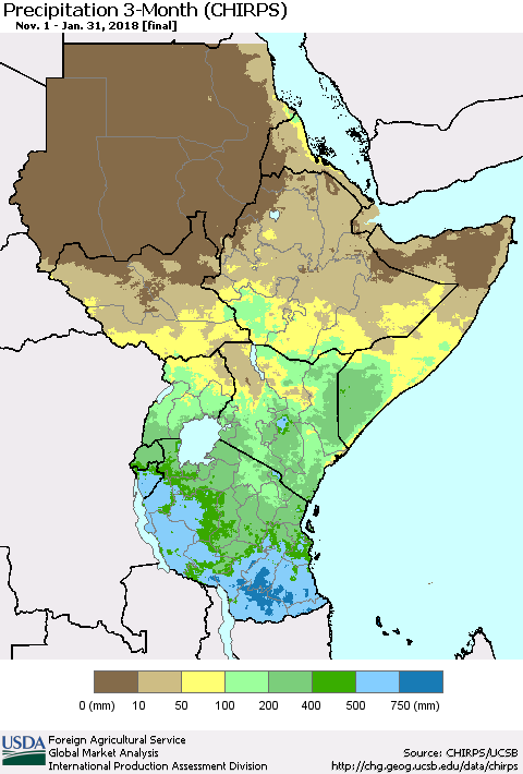 Eastern Africa Precipitation 3-Month (CHIRPS) Thematic Map For 11/1/2017 - 1/31/2018