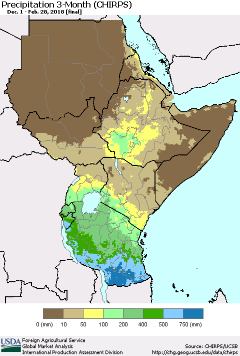 Eastern Africa Precipitation 3-Month (CHIRPS) Thematic Map For 12/1/2017 - 2/28/2018