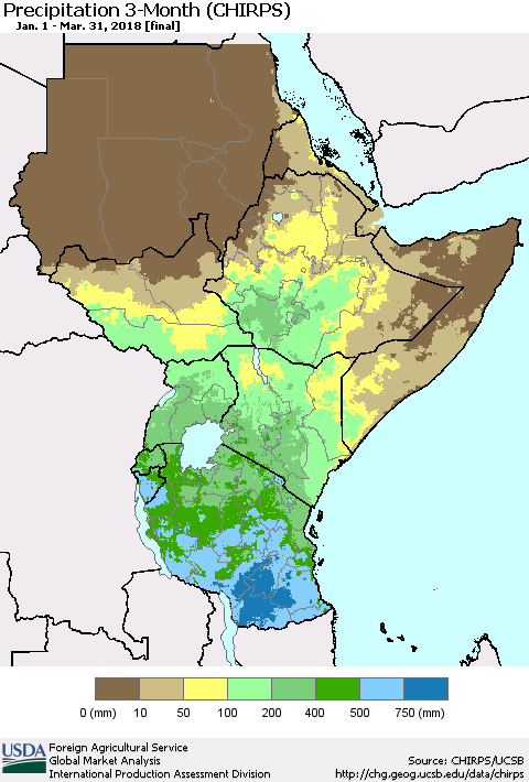 Eastern Africa Precipitation 3-Month (CHIRPS) Thematic Map For 1/1/2018 - 3/31/2018