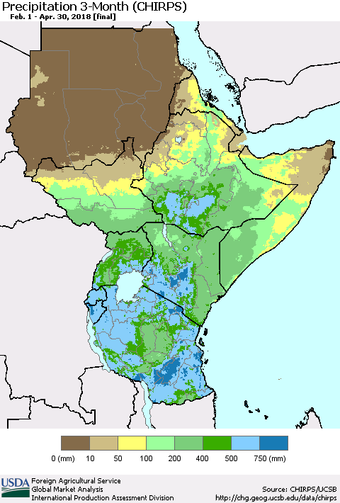 Eastern Africa Precipitation 3-Month (CHIRPS) Thematic Map For 2/1/2018 - 4/30/2018