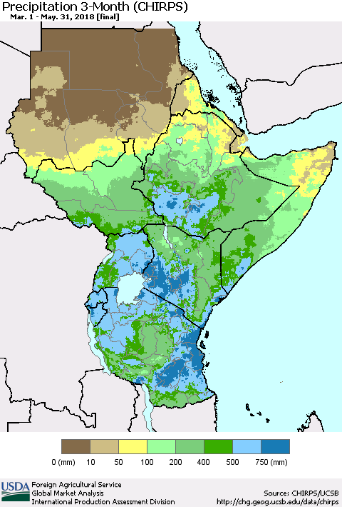 Eastern Africa Precipitation 3-Month (CHIRPS) Thematic Map For 3/1/2018 - 5/31/2018