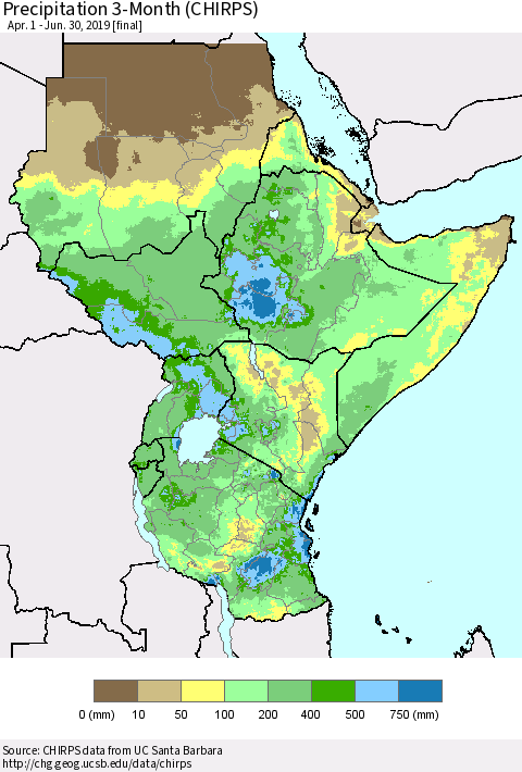 Eastern Africa Precipitation 3-Month (CHIRPS) Thematic Map For 4/1/2019 - 6/30/2019