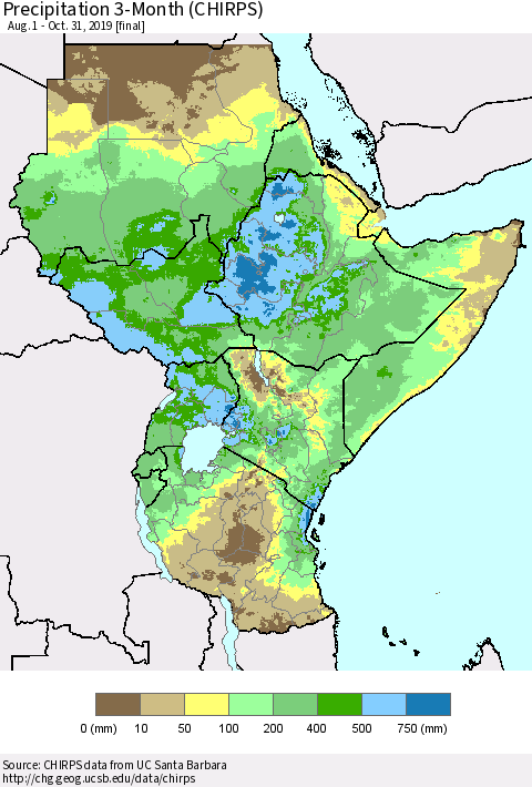 Eastern Africa Precipitation 3-Month (CHIRPS) Thematic Map For 8/1/2019 - 10/31/2019