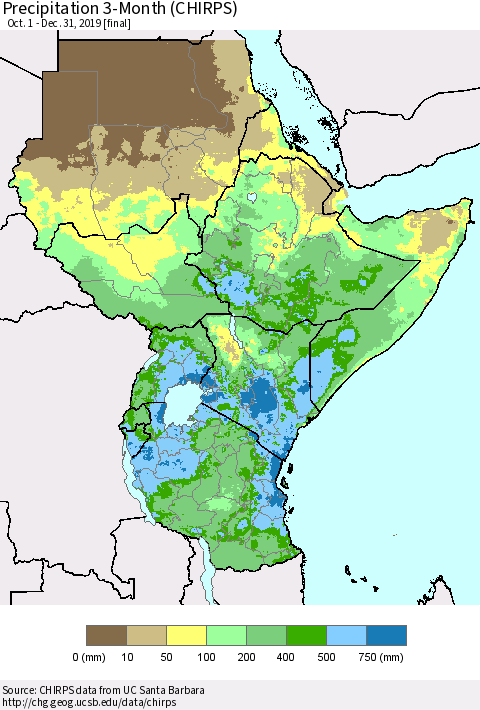 Eastern Africa Precipitation 3-Month (CHIRPS) Thematic Map For 10/1/2019 - 12/31/2019