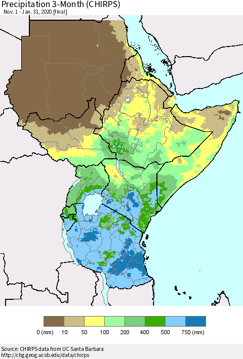 Eastern Africa Precipitation 3-Month (CHIRPS) Thematic Map For 11/1/2019 - 1/31/2020
