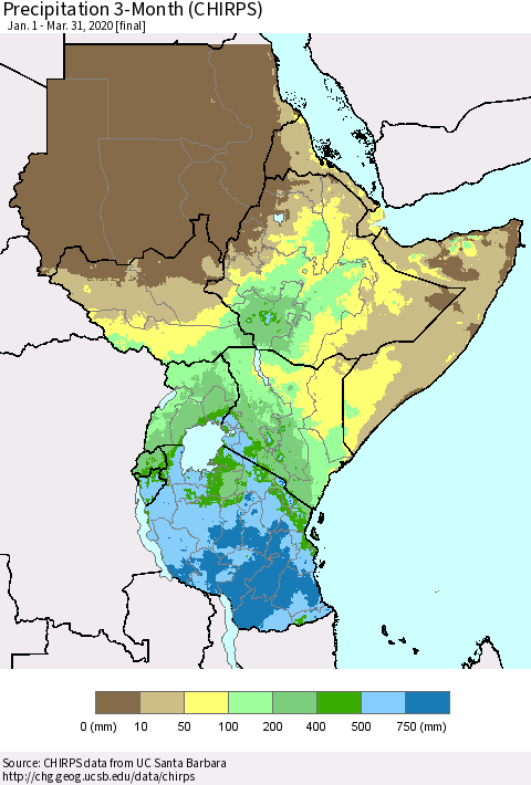 Eastern Africa Precipitation 3-Month (CHIRPS) Thematic Map For 1/1/2020 - 3/31/2020