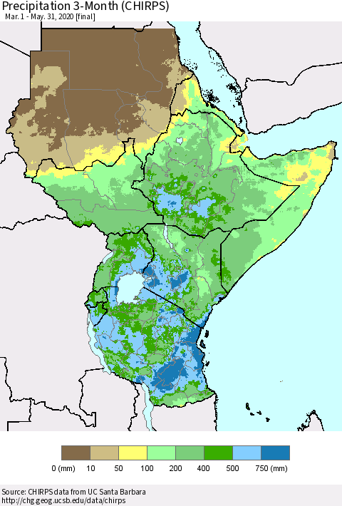 Eastern Africa Precipitation 3-Month (CHIRPS) Thematic Map For 3/1/2020 - 5/31/2020