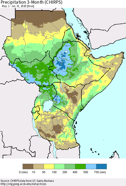 Eastern Africa Precipitation 3-Month (CHIRPS) Thematic Map For 5/1/2020 - 7/31/2020