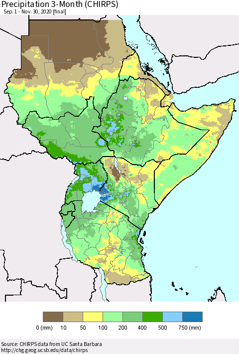 Eastern Africa Precipitation 3-Month (CHIRPS) Thematic Map For 9/1/2020 - 11/30/2020