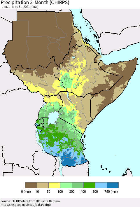 Eastern Africa Precipitation 3-Month (CHIRPS) Thematic Map For 1/1/2021 - 3/31/2021