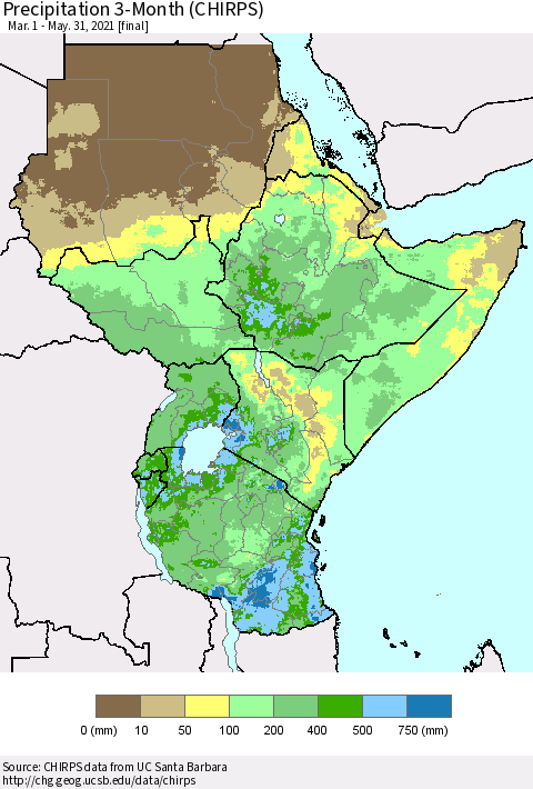Eastern Africa Precipitation 3-Month (CHIRPS) Thematic Map For 3/1/2021 - 5/31/2021