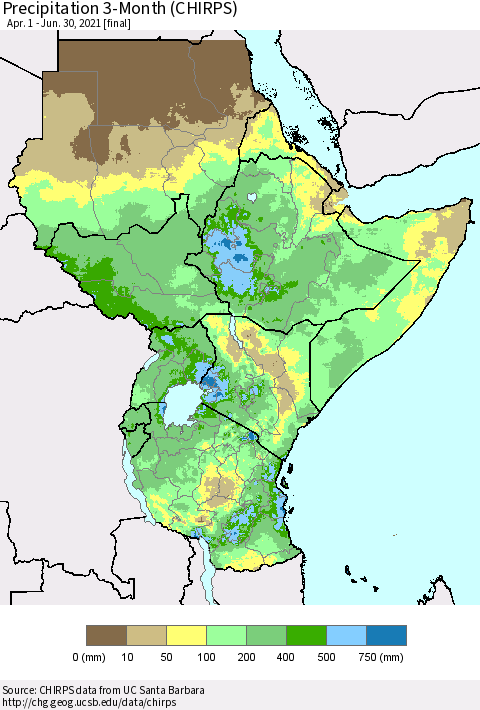 Eastern Africa Precipitation 3-Month (CHIRPS) Thematic Map For 4/1/2021 - 6/30/2021
