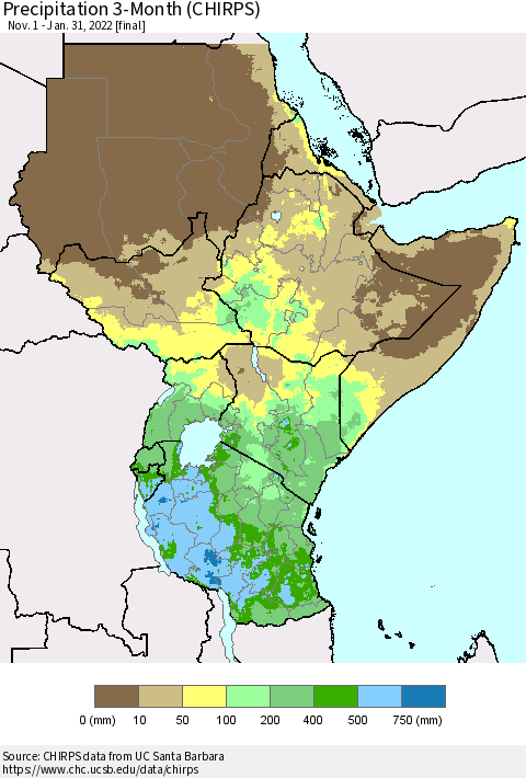 Eastern Africa Precipitation 3-Month (CHIRPS) Thematic Map For 11/1/2021 - 1/31/2022