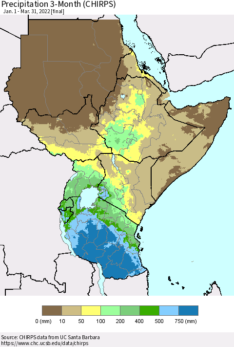 Eastern Africa Precipitation 3-Month (CHIRPS) Thematic Map For 1/1/2022 - 3/31/2022