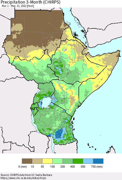 Eastern Africa Precipitation 3-Month (CHIRPS) Thematic Map For 3/1/2022 - 5/31/2022