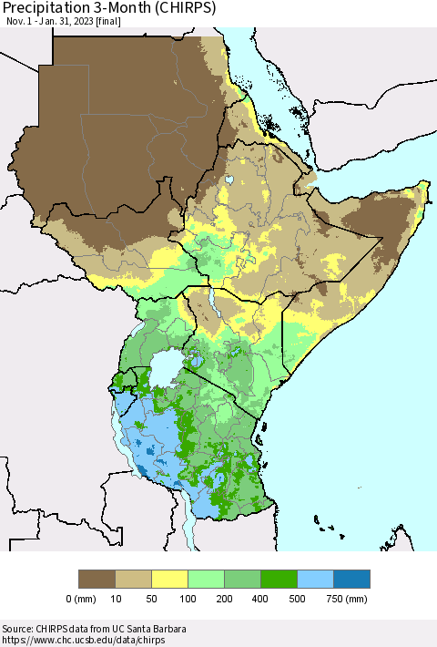 Eastern Africa Precipitation 3-Month (CHIRPS) Thematic Map For 11/1/2022 - 1/31/2023