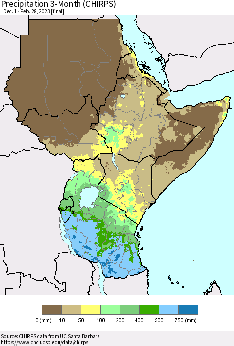 Eastern Africa Precipitation 3-Month (CHIRPS) Thematic Map For 12/1/2022 - 2/28/2023