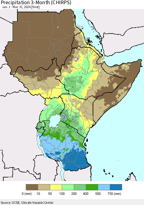 Eastern Africa Precipitation 3-Month (CHIRPS) Thematic Map For 1/1/2024 - 3/31/2024