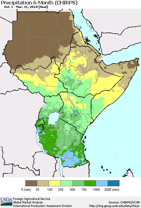 Eastern Africa Precipitation 6-Month (CHIRPS) Thematic Map For 10/1/2017 - 3/31/2018