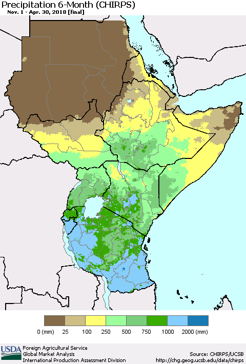 Eastern Africa Precipitation 6-Month (CHIRPS) Thematic Map For 11/1/2017 - 4/30/2018