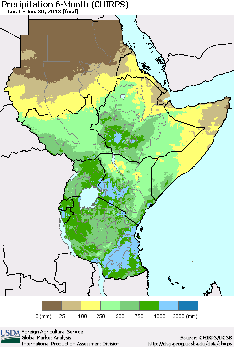 Eastern Africa Precipitation 6-Month (CHIRPS) Thematic Map For 1/1/2018 - 6/30/2018