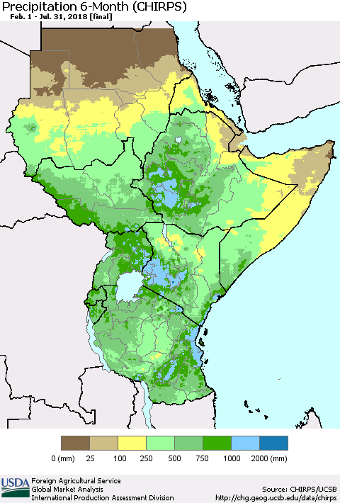 Eastern Africa Precipitation 6-Month (CHIRPS) Thematic Map For 2/1/2018 - 7/31/2018