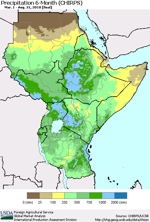 Eastern Africa Precipitation 6-Month (CHIRPS) Thematic Map For 3/1/2018 - 8/31/2018