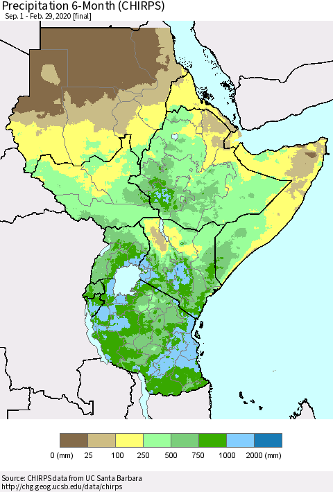 Eastern Africa Precipitation 6-Month (CHIRPS) Thematic Map For 9/1/2019 - 2/29/2020