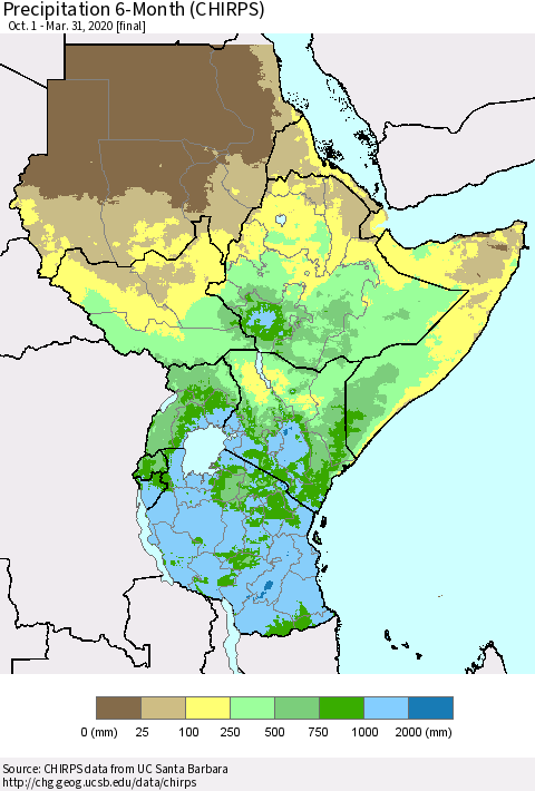 Eastern Africa Precipitation 6-Month (CHIRPS) Thematic Map For 10/1/2019 - 3/31/2020