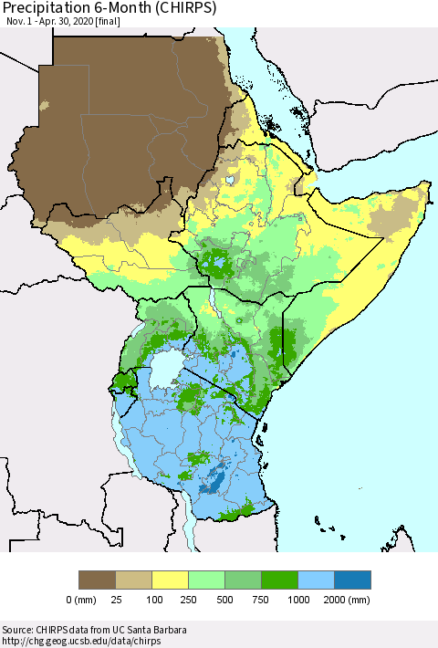 Eastern Africa Precipitation 6-Month (CHIRPS) Thematic Map For 11/1/2019 - 4/30/2020