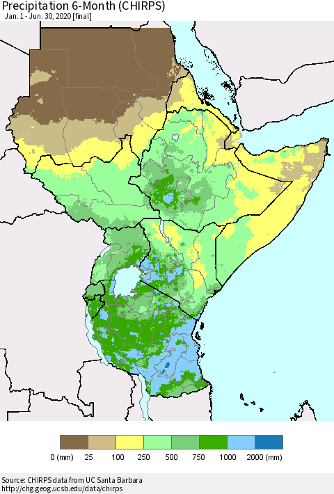Eastern Africa Precipitation 6-Month (CHIRPS) Thematic Map For 1/1/2020 - 6/30/2020