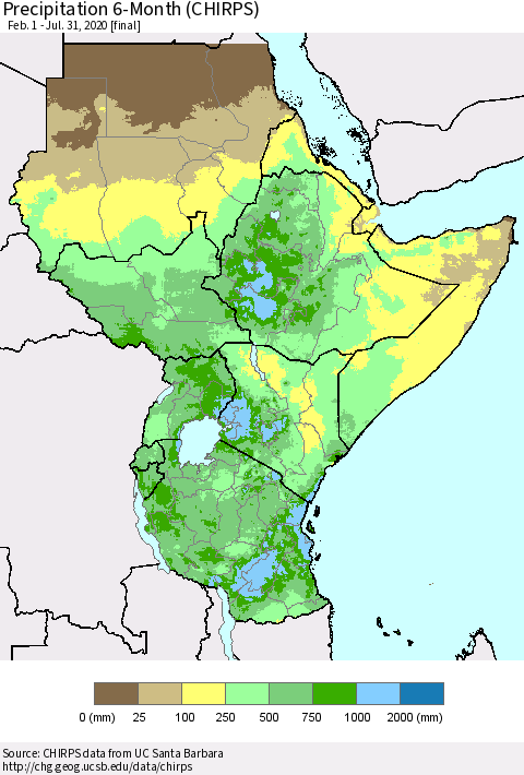 Eastern Africa Precipitation 6-Month (CHIRPS) Thematic Map For 2/1/2020 - 7/31/2020
