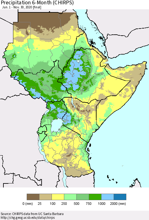 Eastern Africa Precipitation 6-Month (CHIRPS) Thematic Map For 6/1/2020 - 11/30/2020