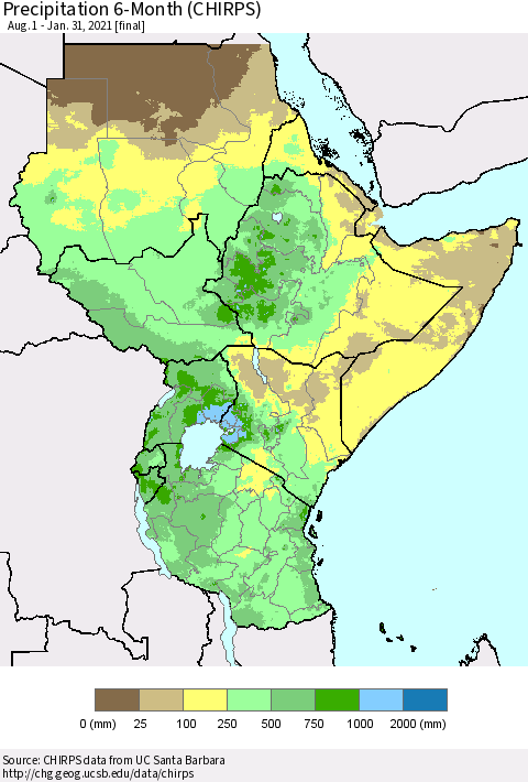 Eastern Africa Precipitation 6-Month (CHIRPS) Thematic Map For 8/1/2020 - 1/31/2021