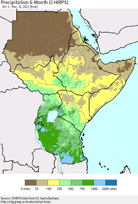 Eastern Africa Precipitation 6-Month (CHIRPS) Thematic Map For 10/1/2020 - 3/31/2021