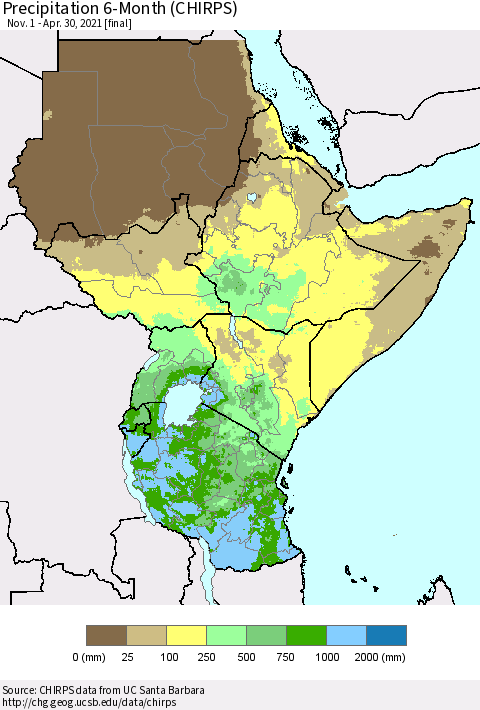 Eastern Africa Precipitation 6-Month (CHIRPS) Thematic Map For 11/1/2020 - 4/30/2021
