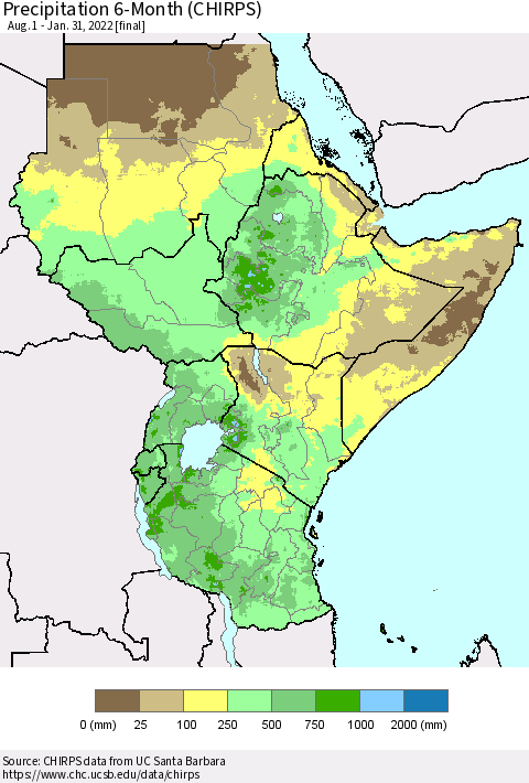 Eastern Africa Precipitation 6-Month (CHIRPS) Thematic Map For 8/1/2021 - 1/31/2022