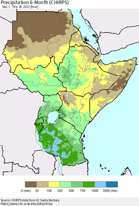 Eastern Africa Precipitation 6-Month (CHIRPS) Thematic Map For 9/1/2021 - 2/28/2022