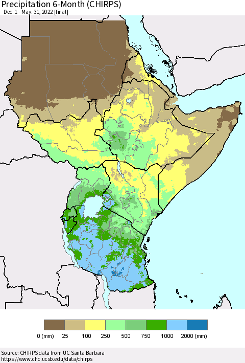 Eastern Africa Precipitation 6-Month (CHIRPS) Thematic Map For 12/1/2021 - 5/31/2022