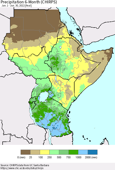 Eastern Africa Precipitation 6-Month (CHIRPS) Thematic Map For 1/1/2022 - 6/30/2022