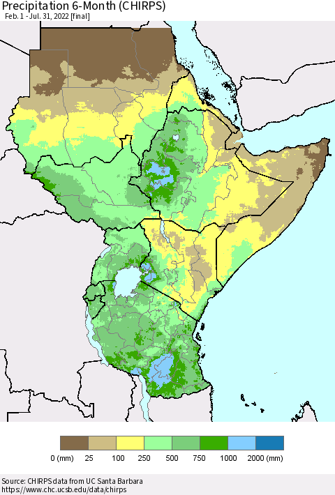 Eastern Africa Precipitation 6-Month (CHIRPS) Thematic Map For 2/1/2022 - 7/31/2022