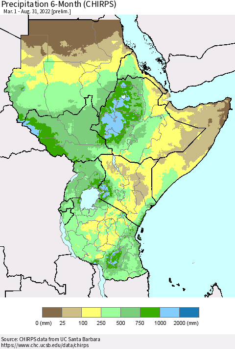 Eastern Africa Precipitation 6-Month (CHIRPS) Thematic Map For 3/1/2022 - 8/31/2022