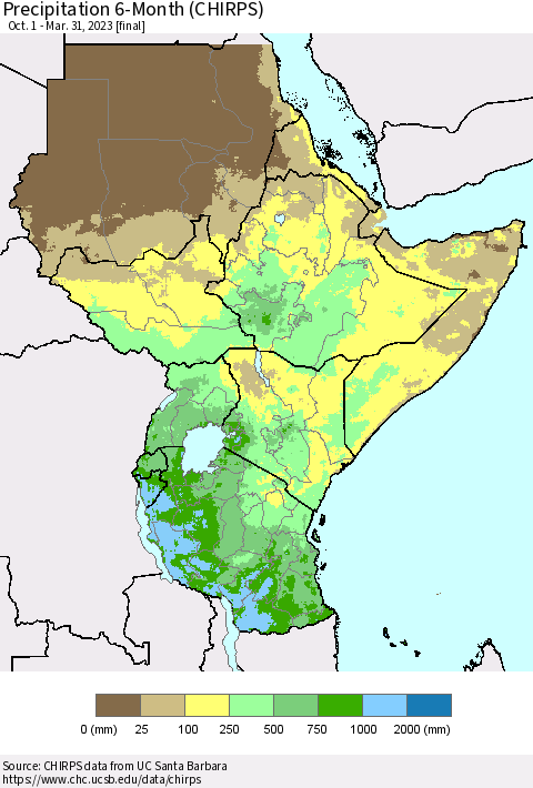 Eastern Africa Precipitation 6-Month (CHIRPS) Thematic Map For 10/1/2022 - 3/31/2023