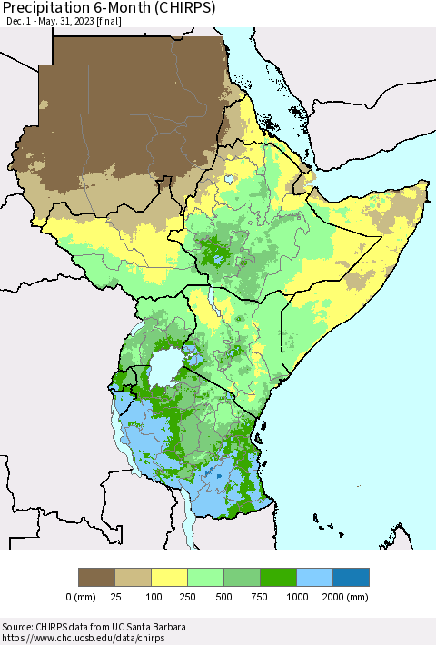 Eastern Africa Precipitation 6-Month (CHIRPS) Thematic Map For 12/1/2022 - 5/31/2023