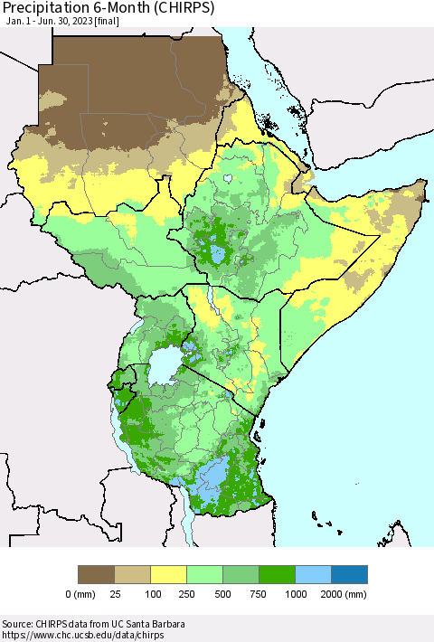 Eastern Africa Precipitation 6-Month (CHIRPS) Thematic Map For 1/1/2023 - 6/30/2023