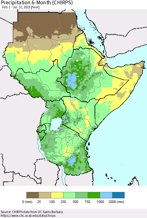 Eastern Africa Precipitation 6-Month (CHIRPS) Thematic Map For 2/1/2023 - 7/31/2023