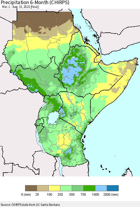 Eastern Africa Precipitation 6-Month (CHIRPS) Thematic Map For 3/1/2023 - 8/31/2023