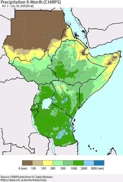 Eastern Africa Precipitation 9-Month (CHIRPS) Thematic Map For 10/1/2019 - 6/30/2020